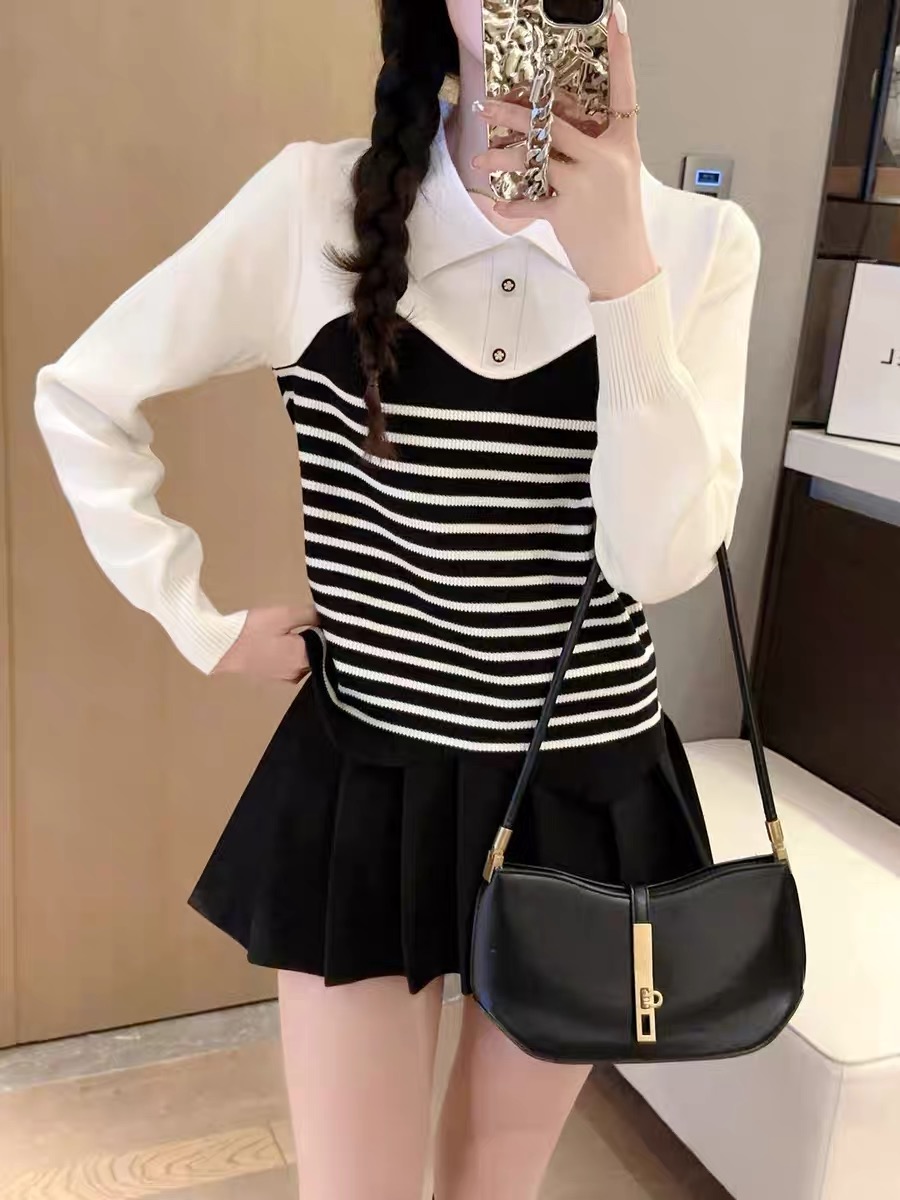 針織衫條紋上衣女2023年新款拼接雪紡袖子翻領撞色甜美氣質設計感