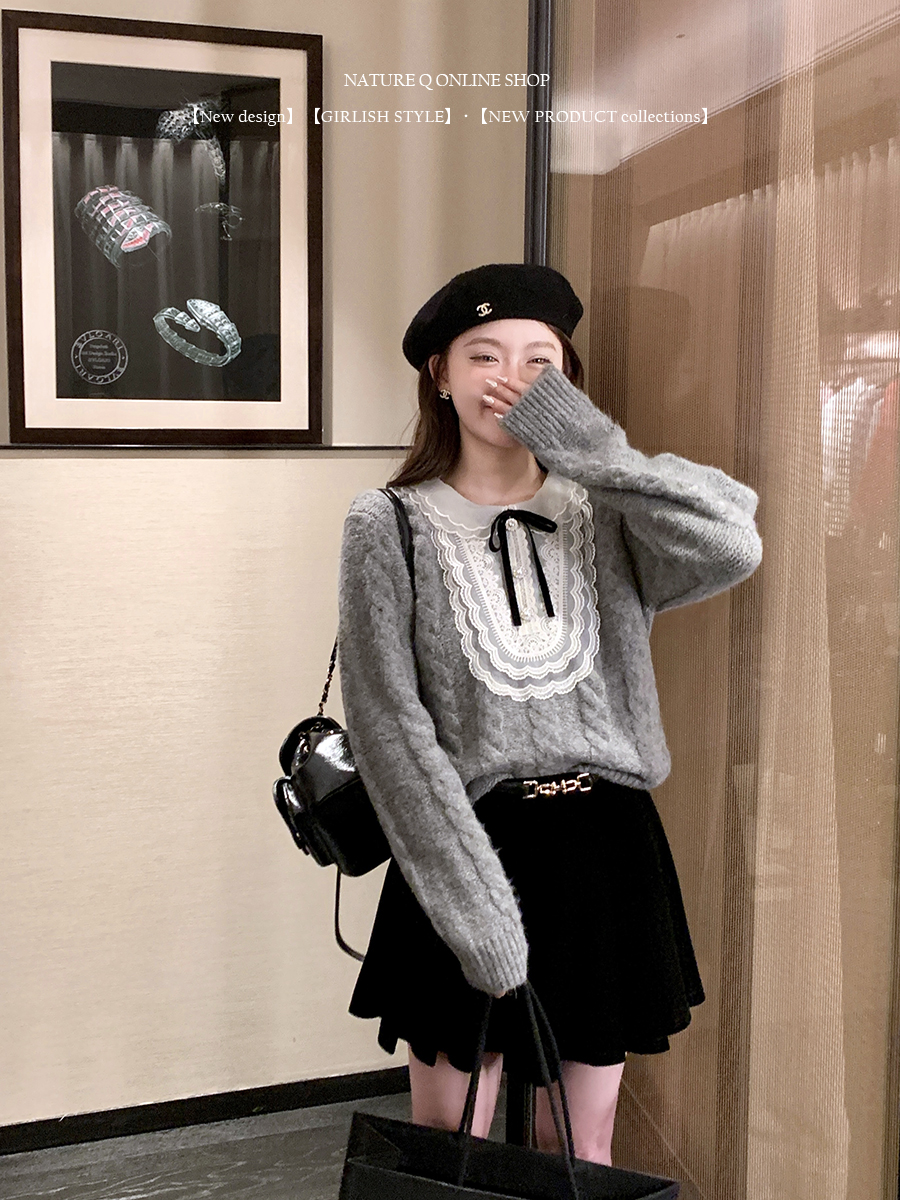 楊小卷 miu系復古慵懶風蝴蝶結套頭麻花毛衣女秋冬高級感灰色上衣