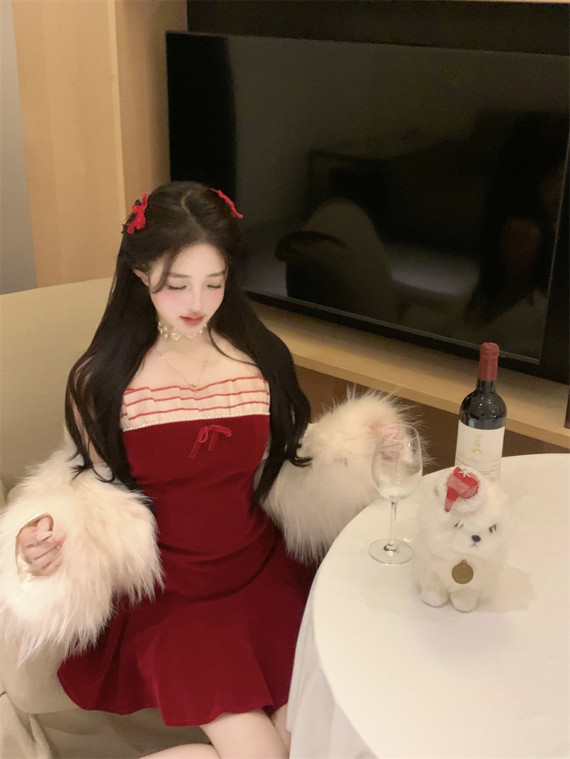 心動聖誕節新年夜法式紅絲絨吊純欲小個子連衣裙