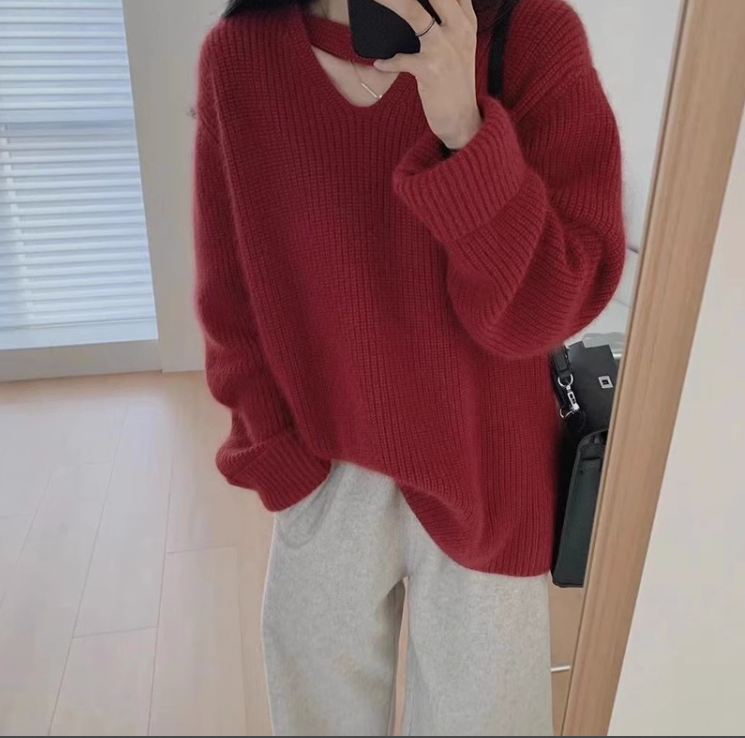 秋冬女裝2023茶系穿搭鹽系輕熟高級感慵懶風新年紅色針織毛衣女
