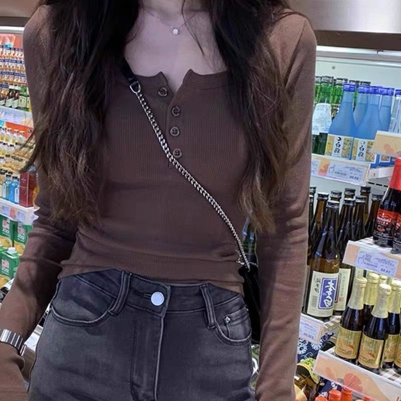 美式長袖T恤女秋季設計感小眾辣妹內搭高腰修身顯瘦上衣打底衫