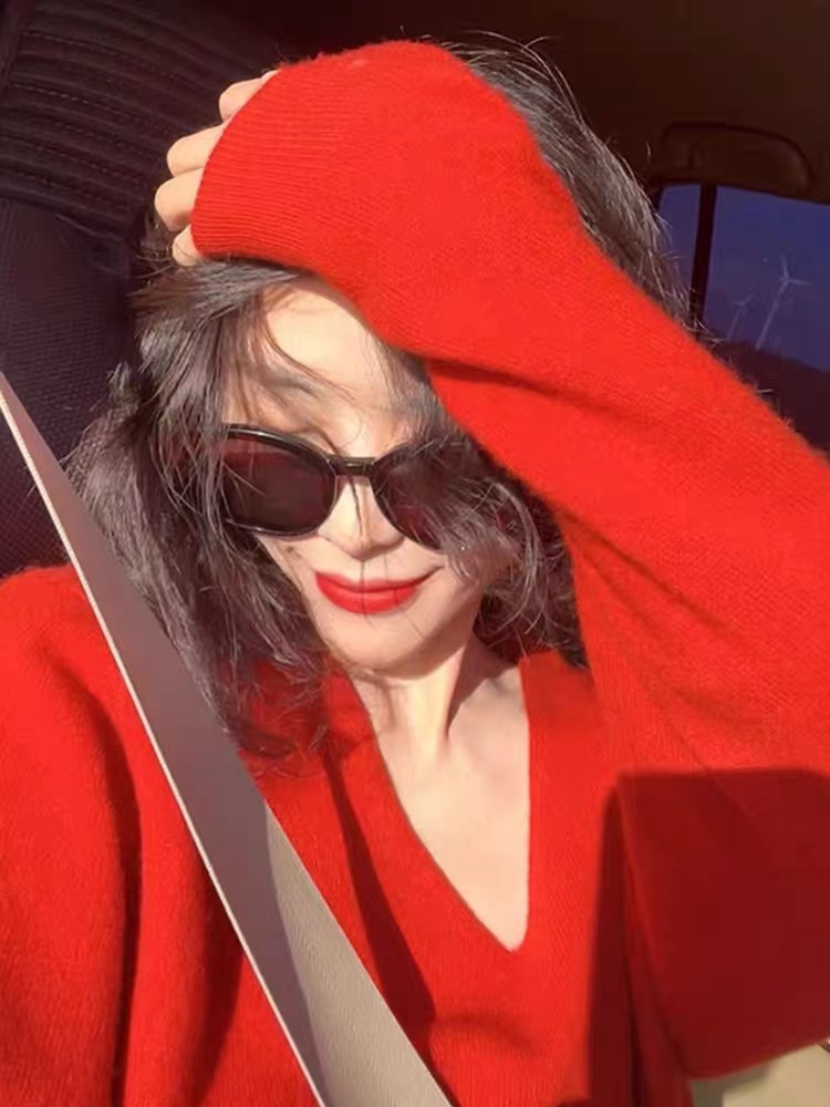 軟糯奶fufu高級感毛衣女秋冬法式溫柔甜美本命年紅色長袖開衫上衣