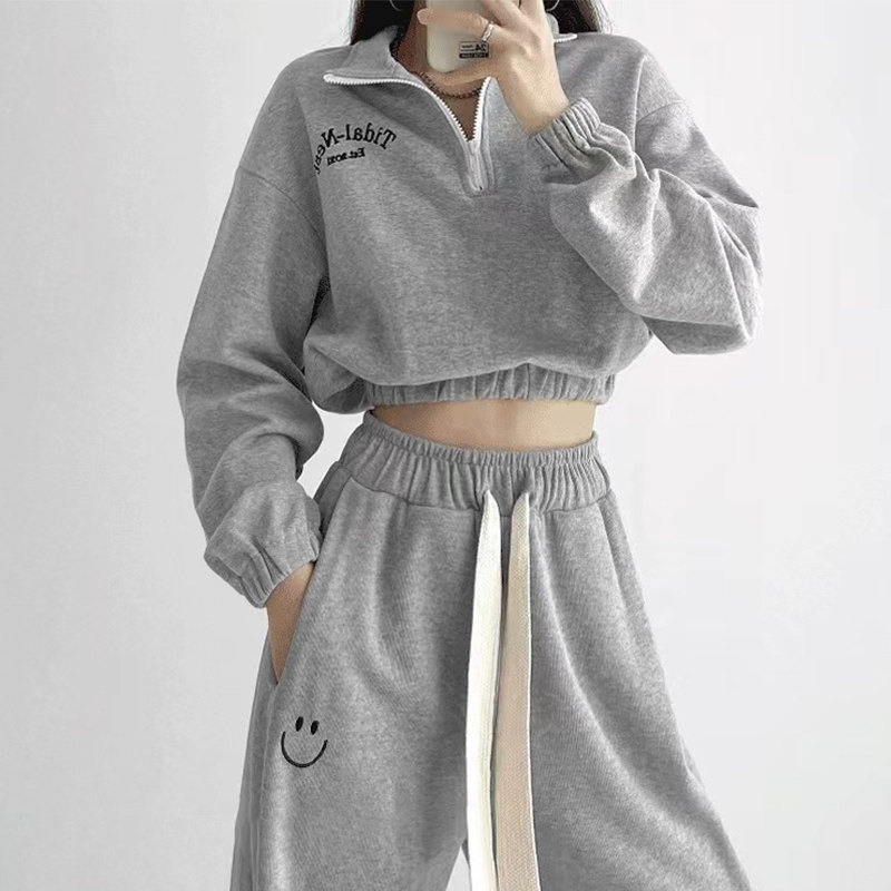 薄款衛衣衛褲套裝女秋冬新款小個子顯高polo衫拉鏈領兩件套高級感