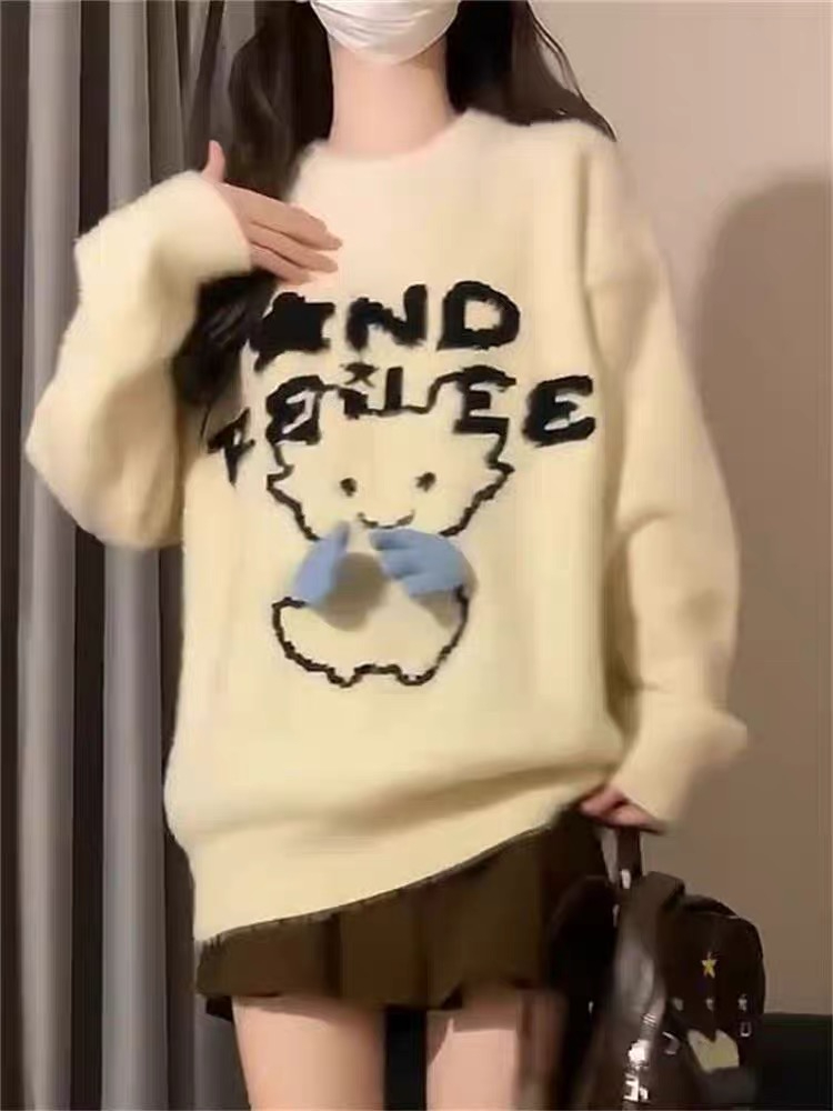 韓系小眾奶fufu立體裝飾字母提花套頭毛衣學生秋冬寬鬆百搭針織衫