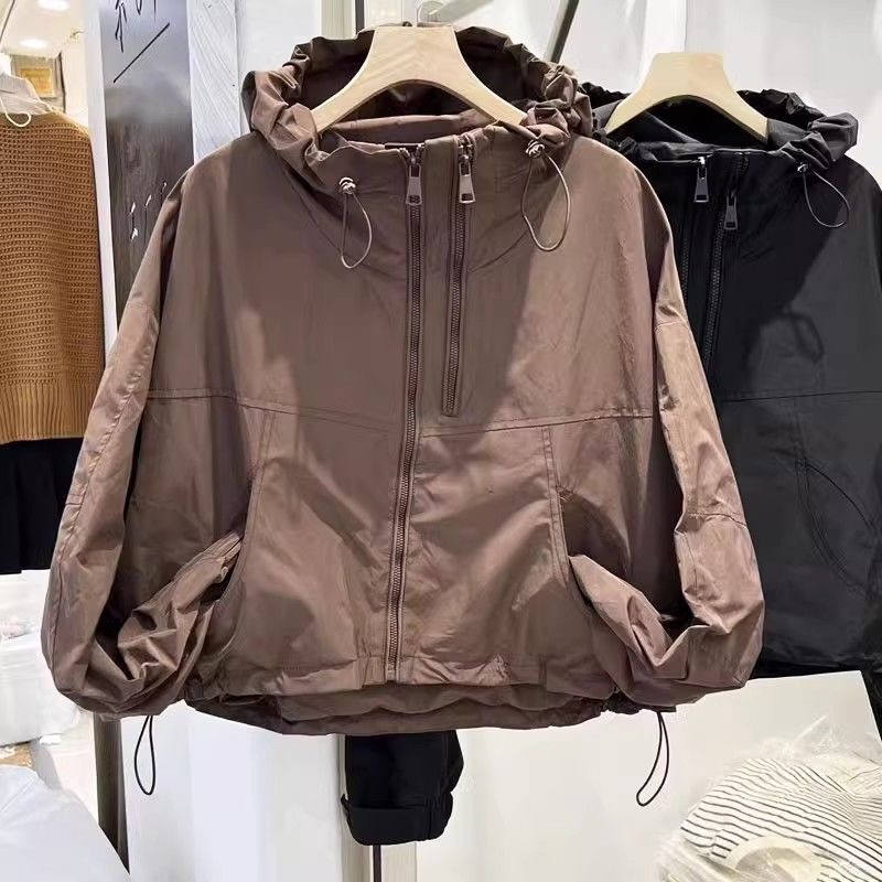 Short windproof hooded jacket for women spring and autumn solid color jacket women's American versatile workwear top
