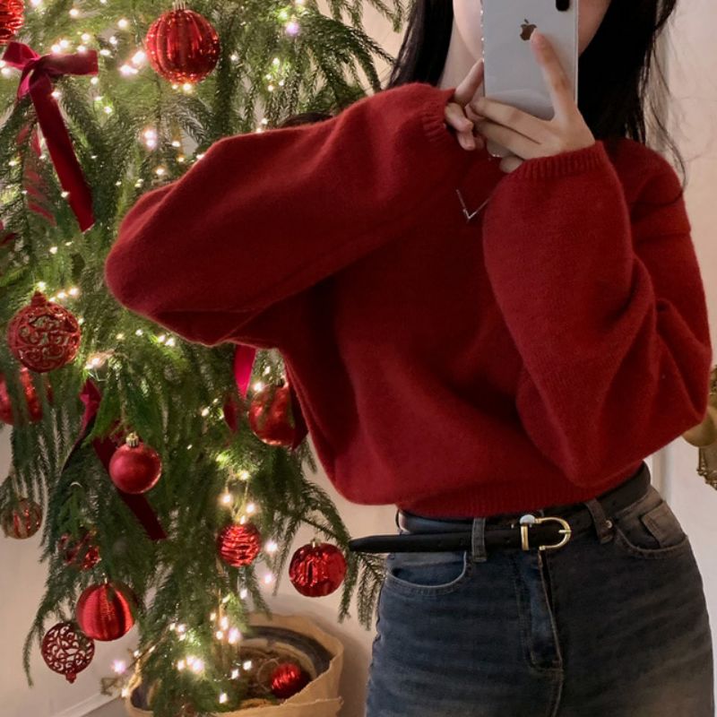韓國chic秋冬聖誕新年紅毛衣圓領套頭純色簡約百搭針織衫