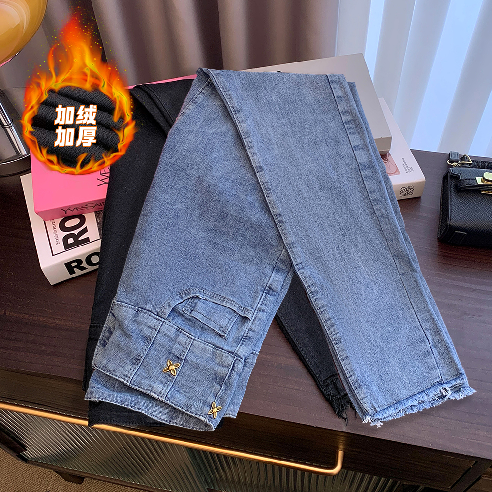 實拍大碼女裝2023秋冬加絨/不加絨新款多扣牛仔褲顯瘦修身直筒褲