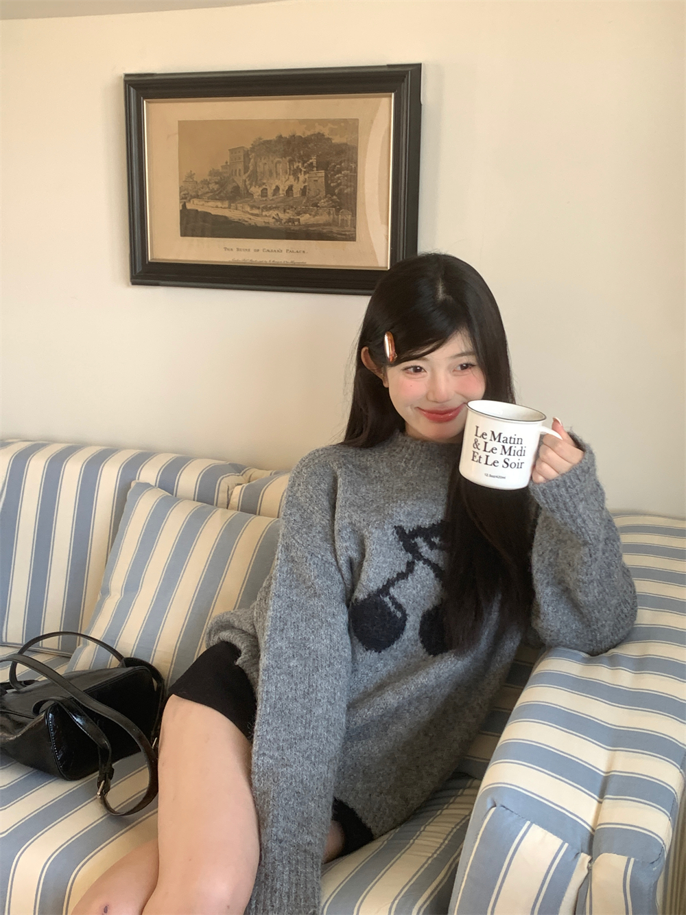 實拍灰色櫻桃提花加厚毛衣女百搭寬鬆套頭長袖上衣女