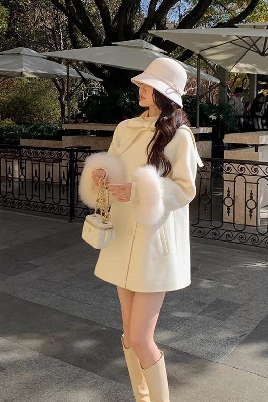 Foreign daughter, little French bow short woolen coat, women's winter loose plush cape coat