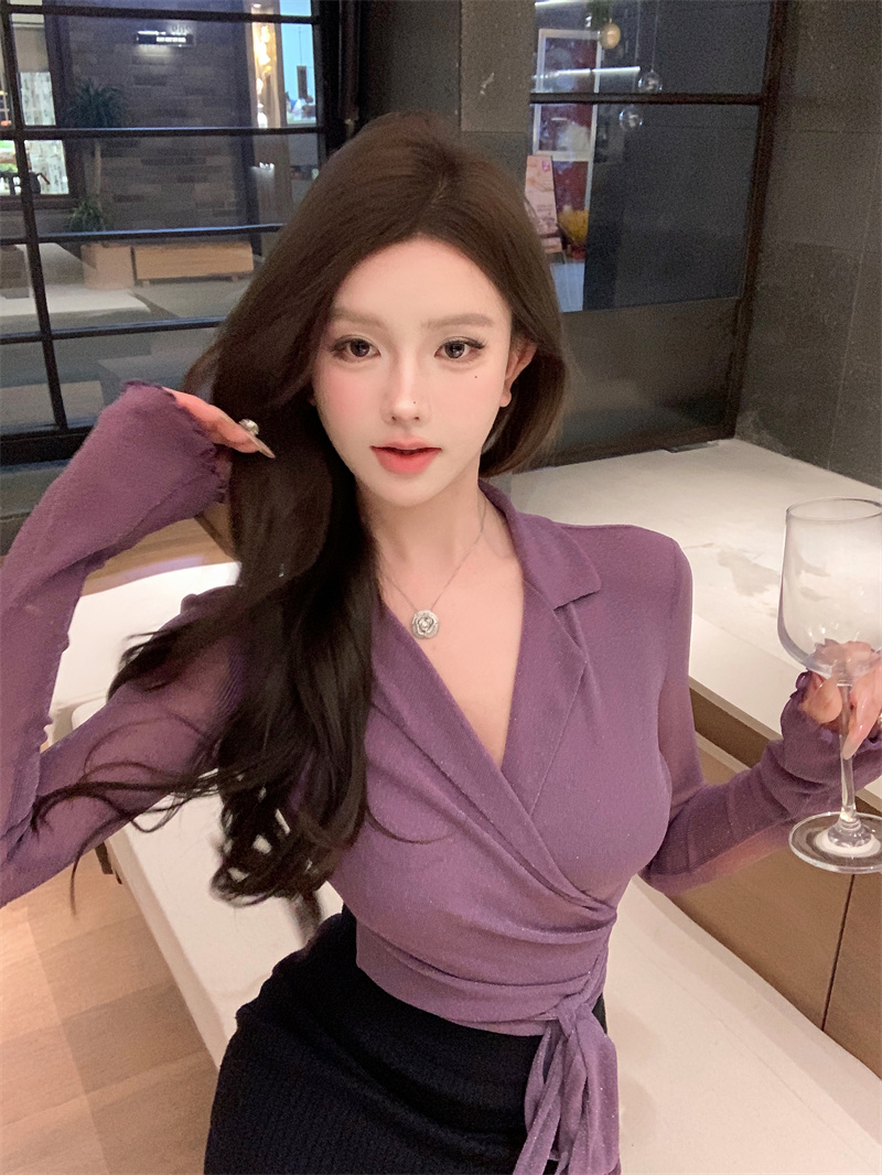 實拍~純欲綁帶微喇長袖襯衫V領氣質設計感收腰顯瘦上衣女