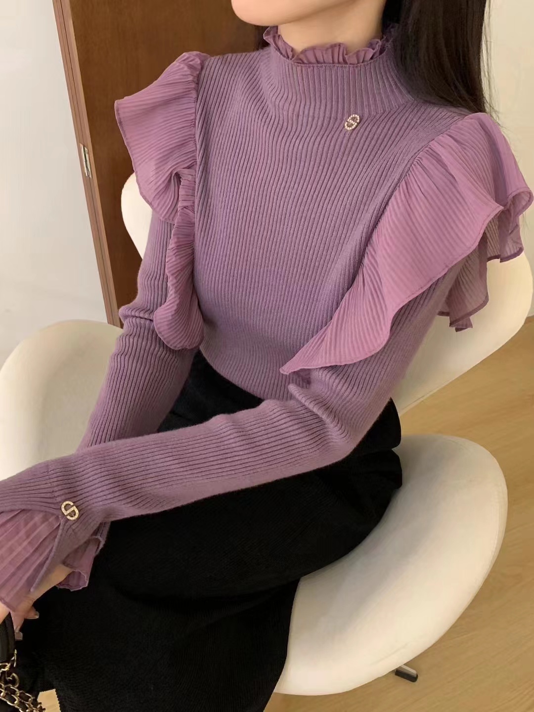 設計感荷葉邊蕾絲拼接針織衫女高領秋冬新款修身內搭保暖打底毛衣