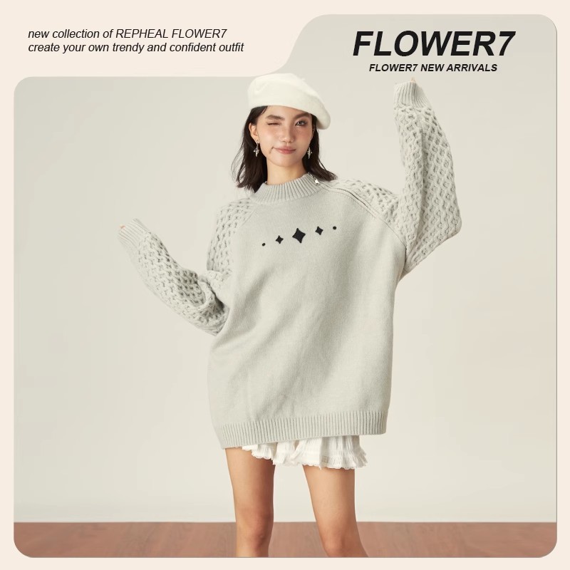 7畫的花 FLOWER7設計感小眾拉鏈露肩兩穿刺繡寬鬆休閒毛衣女