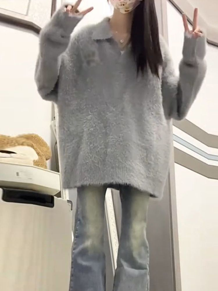 205#日系寬鬆套頭針織衫女上衣冬季穿搭新款v領慵懶風毛衣