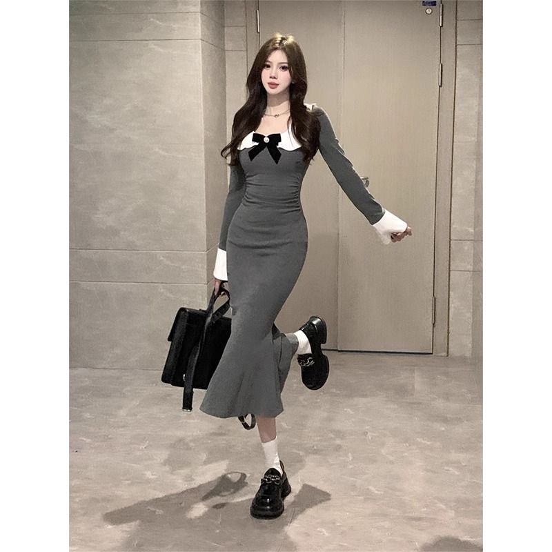 娃娃領長袖連衣裙女秋季2023新款韓系高級感修身顯瘦包臀魚尾長裙