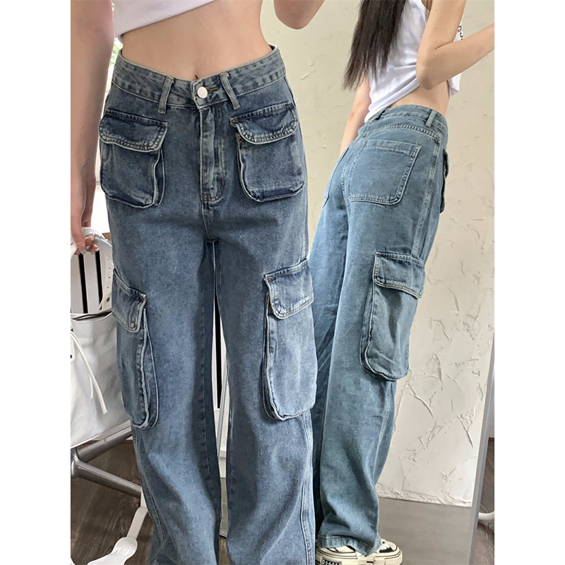 美式復古設計感多口袋牛仔褲女秋高街小眾直筒闊腿工裝褲子潮ins