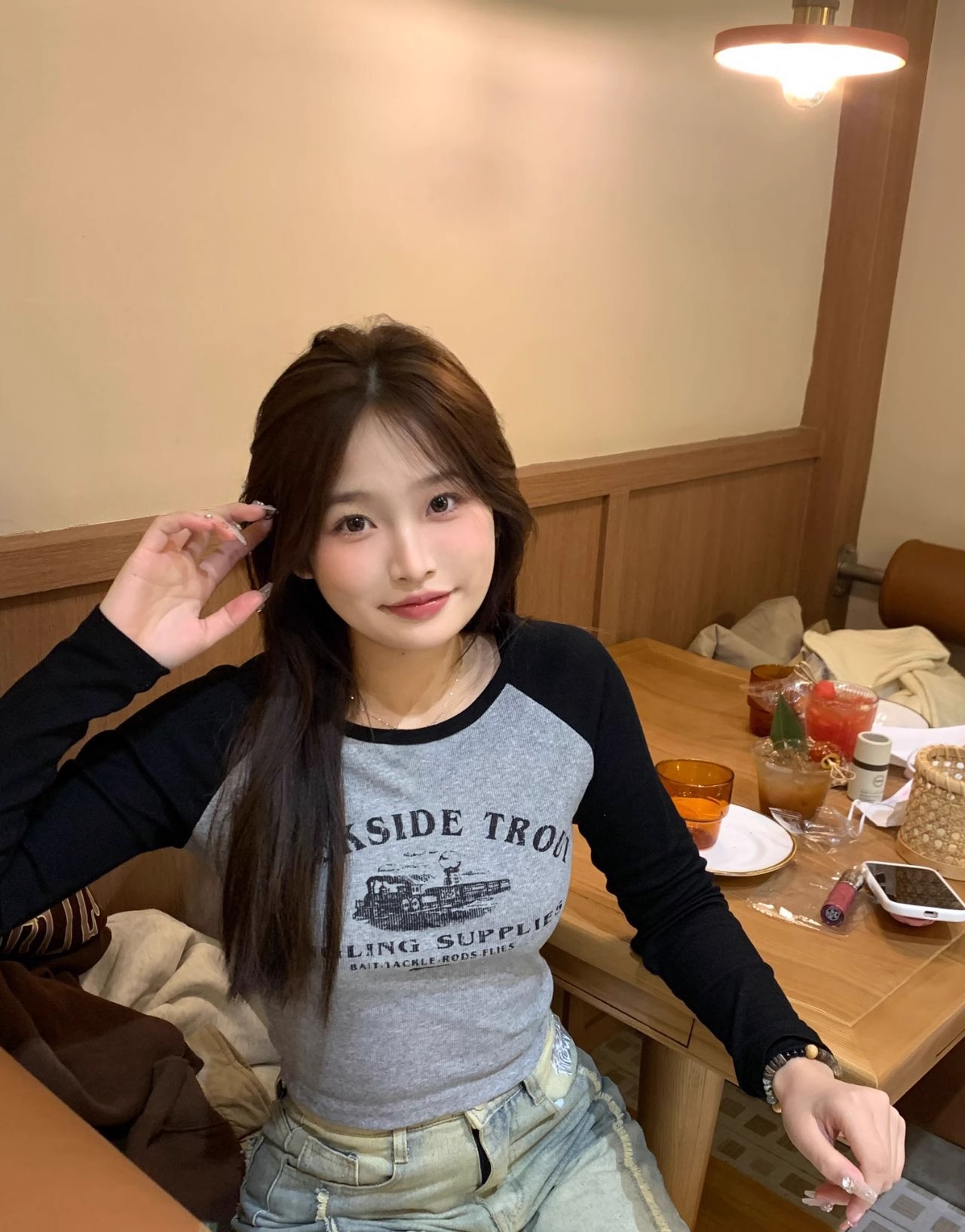1*1純棉包領美式復古T恤新款長袖短款緊身辣妹裝高腰打底衫