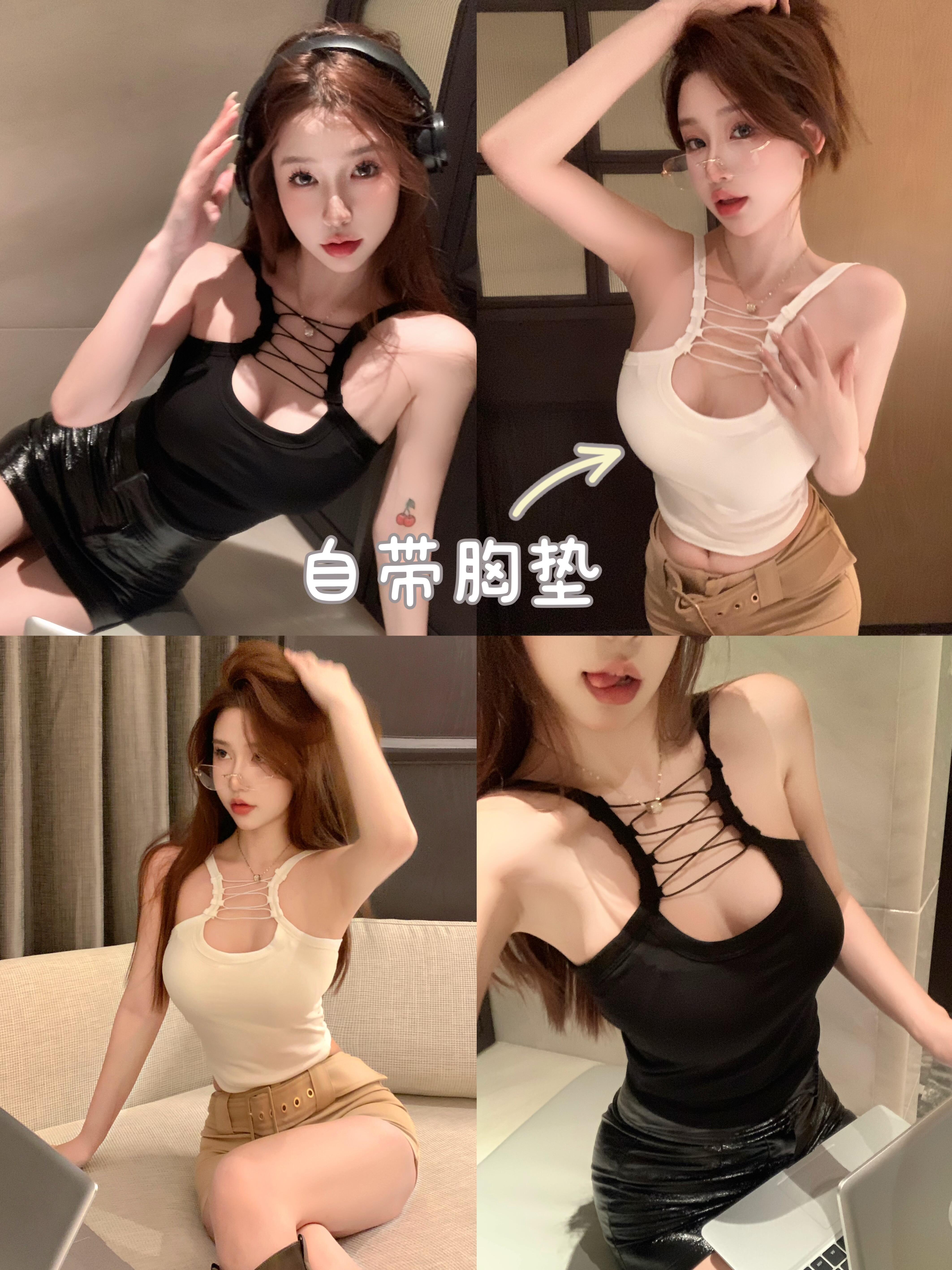 Real shot of a hot girl wearing a sexy cross-rope hollow design and a slim-fitting short inner camisole