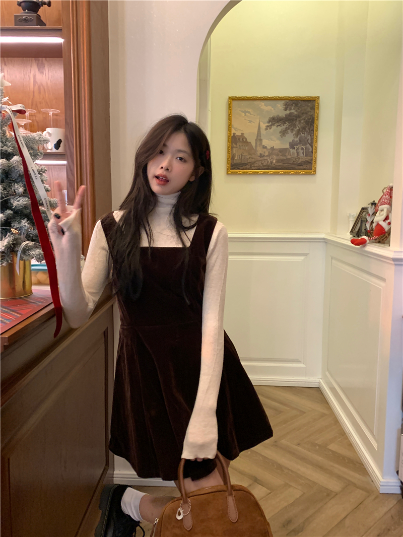 實拍 新款 高領柔軟百搭打底+法式絲絨優雅背帶連衣裙