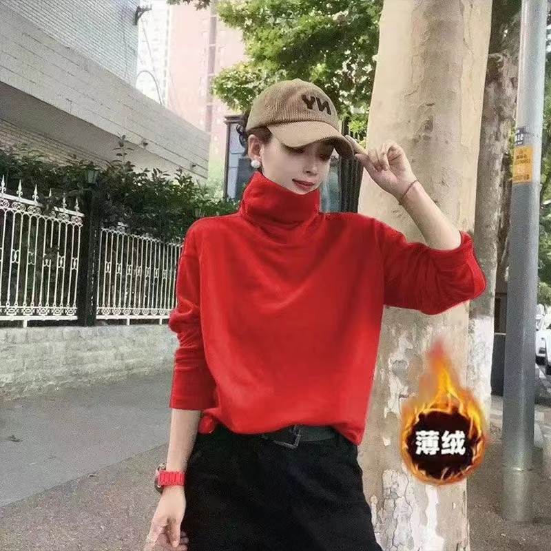 美拉德彈力棉/加絨秋冬新款棉堆堆領內搭長袖t恤女上衣打底衫