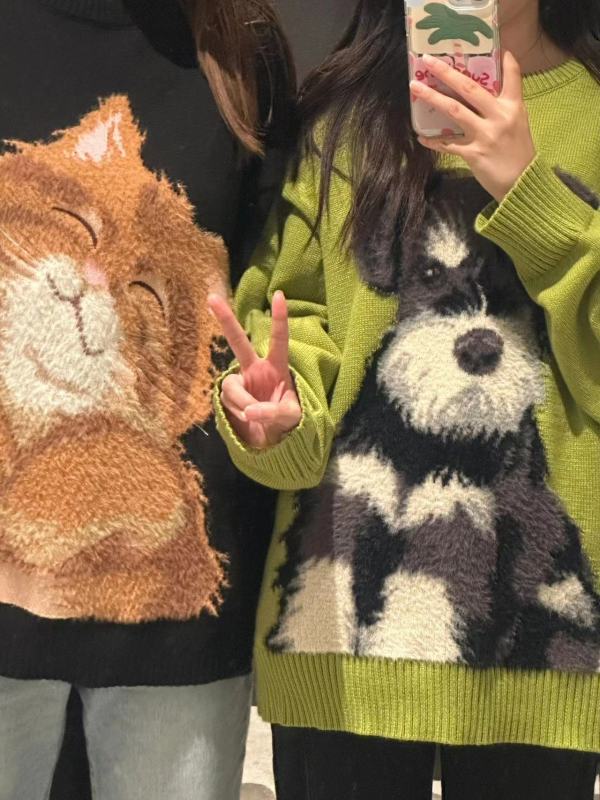 2023秋冬時尚休閒時髦毛衣女減齡感雪瑞納小狗貓咪針織衫加厚