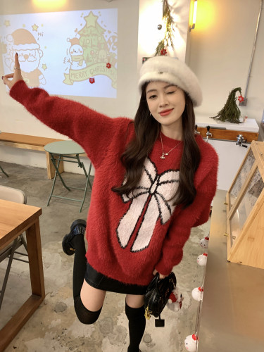 Real shot New Year and Christmas red imitation mink fur contrast color bow jacquard long-sleeved sweater pullover top