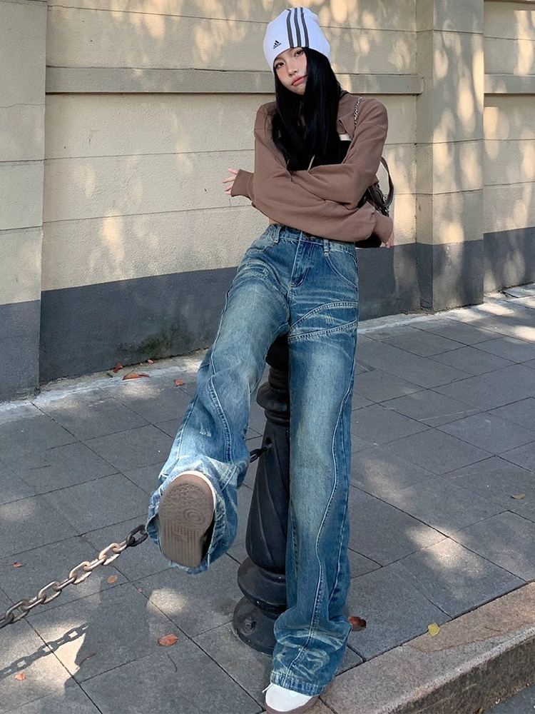美式復古水洗拼接高腰闊腿牛仔褲女秋冬寬鬆顯瘦百搭垂感長褲