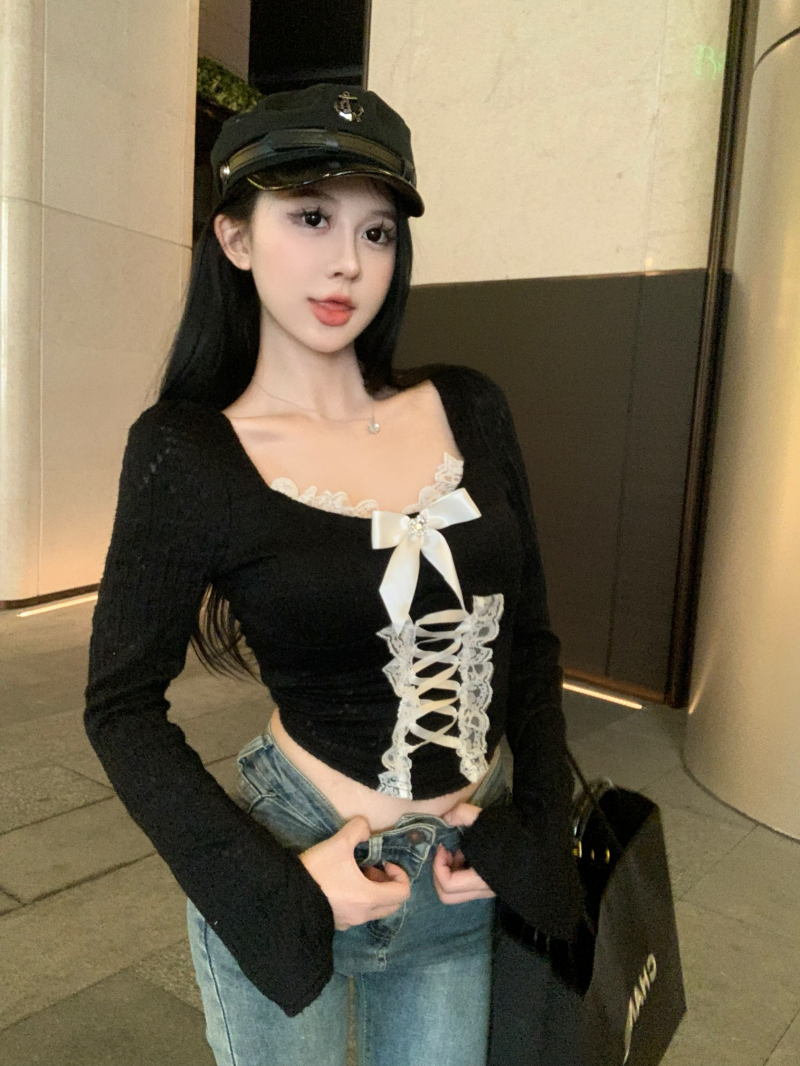 實拍！！蕾絲拼接方領長袖針織衫修身收腰短款法式純欲風上衣