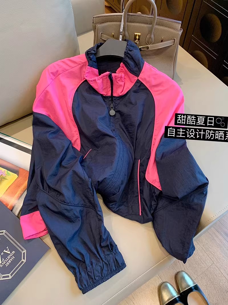 Contrast color retro stand-up collar thin baseball jacket summer women's 2023 sports and leisure versatile long-sleeved sun protection clothing trend