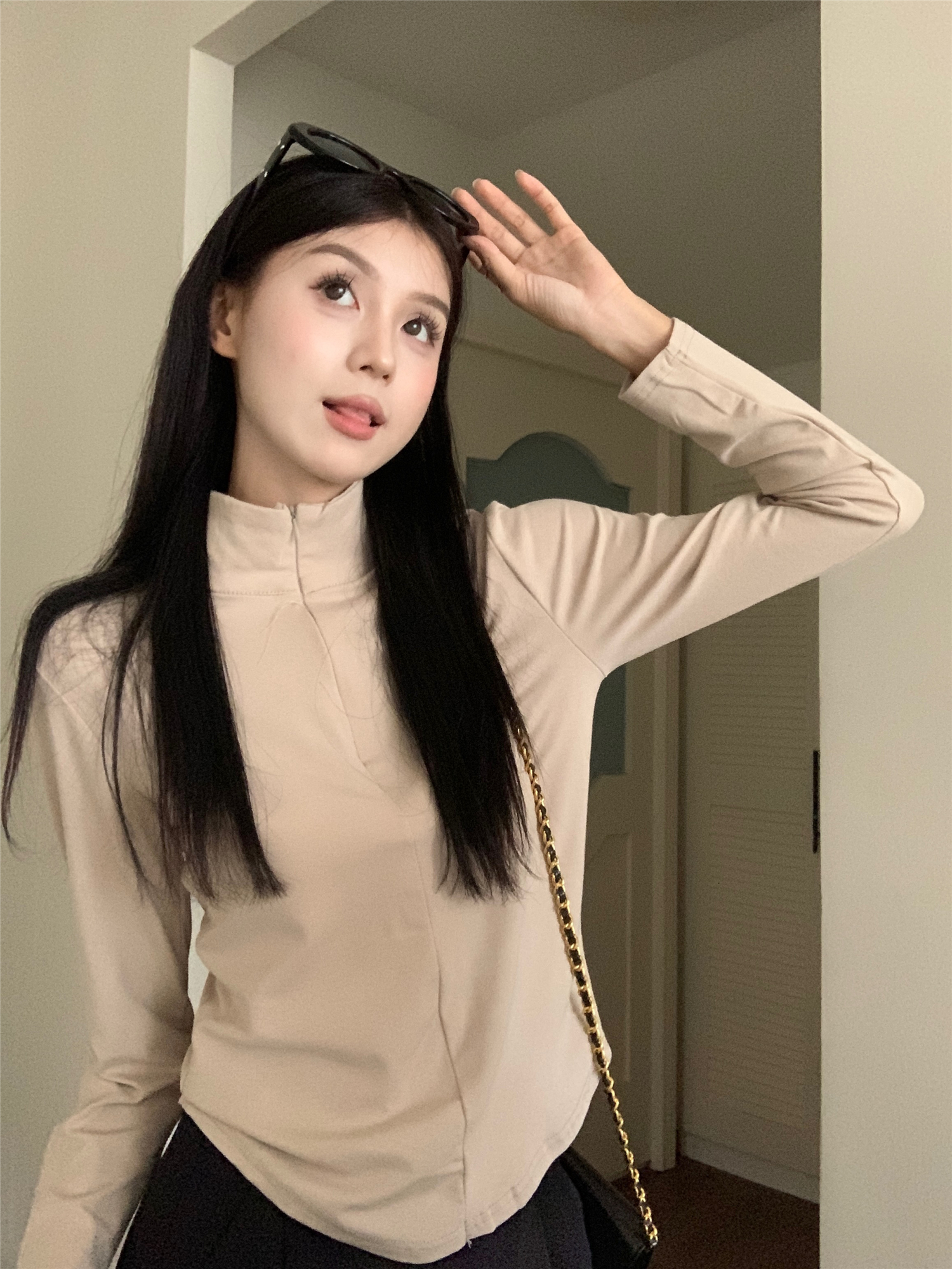 Actual shot ~ Autumn and winter new pure desire ant waist half zipper half turtleneck lapel stretch slim T-shirt
