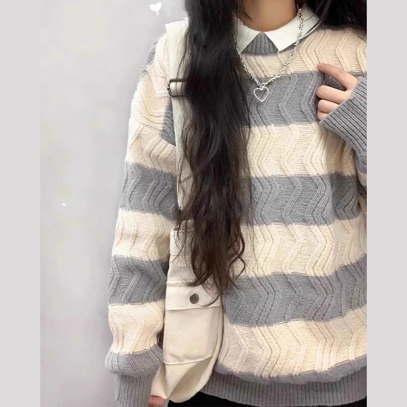 網紅超好看慵懶風撞色條紋oversize針織毛衣女秋冬季2023新款