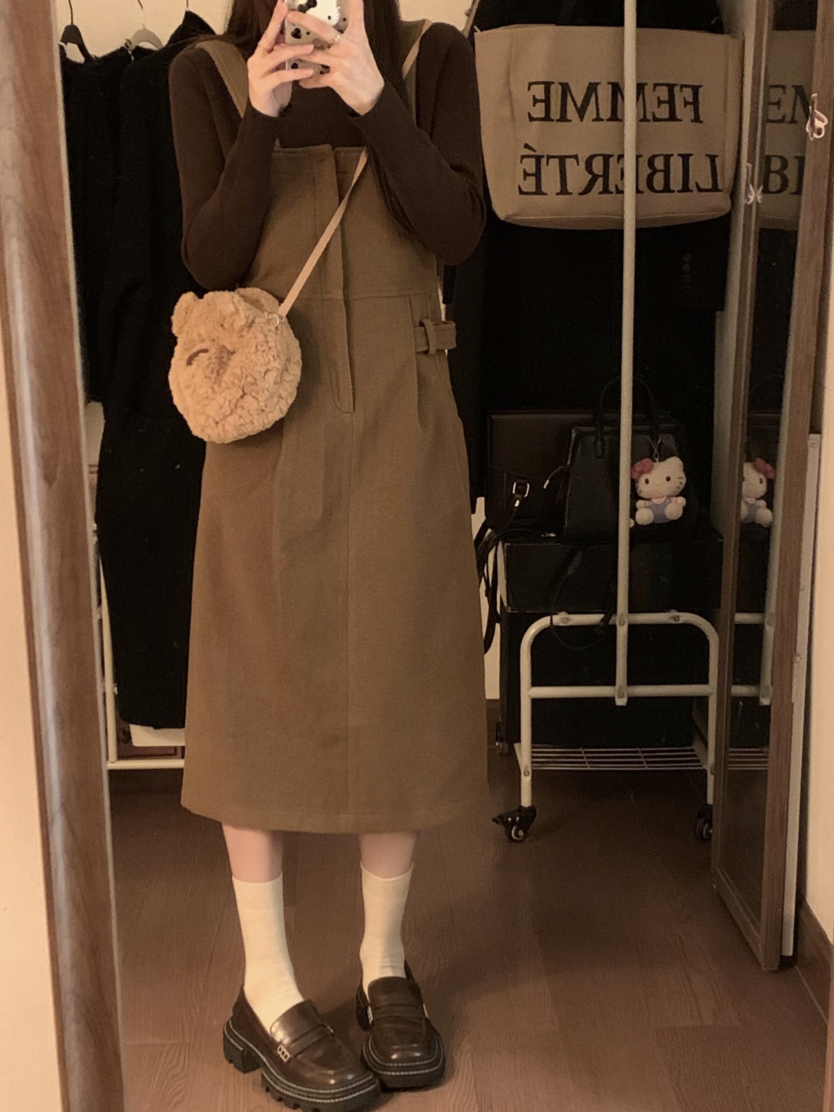 實拍~慵懶舒適百搭顯瘦呢料背帶裙女秋冬連衣裙