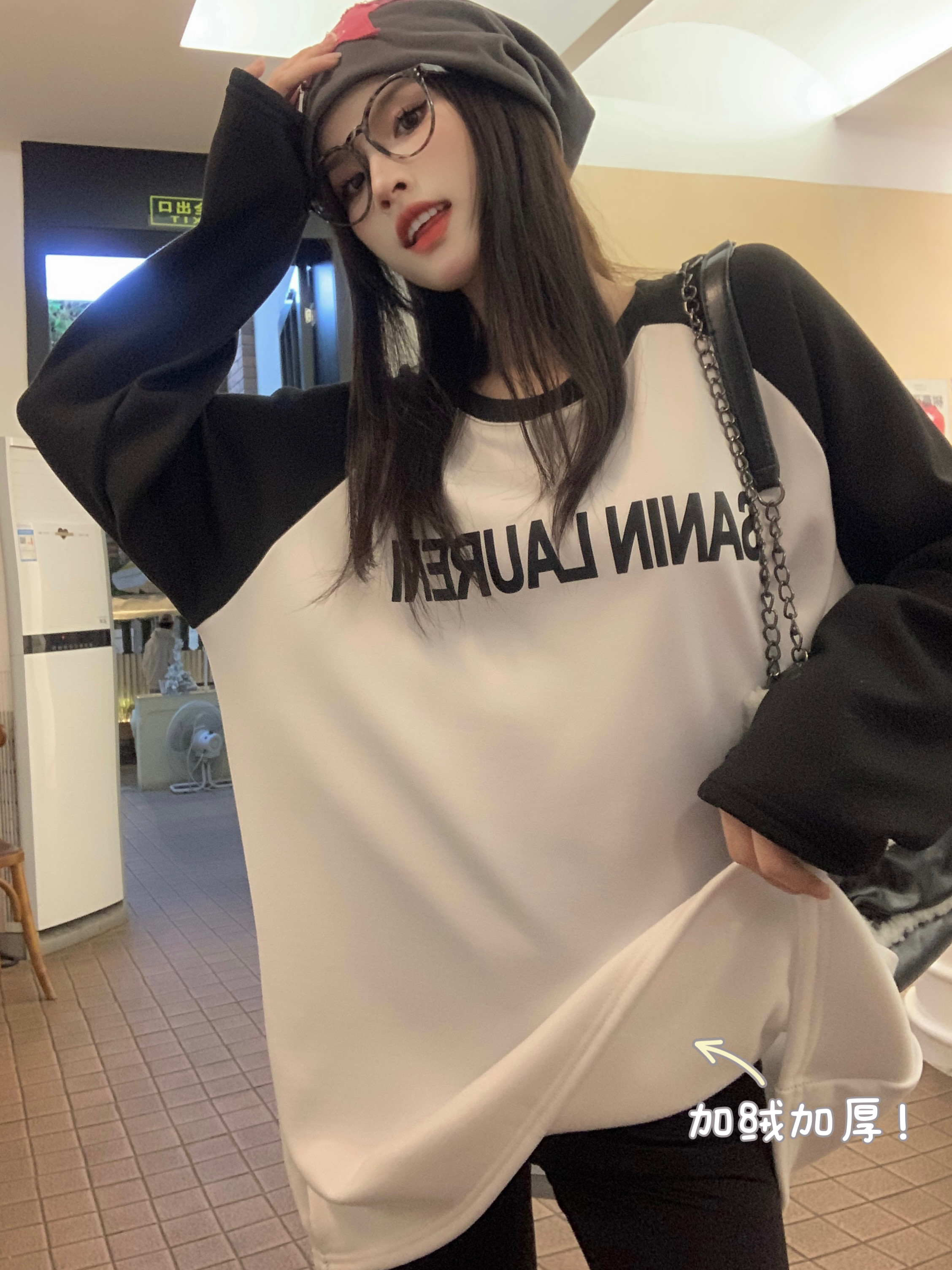 實拍 秋冬季寬鬆拼色印花繡薄絨加絨加厚保暖長袖T恤女裝