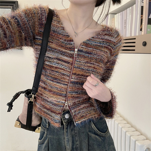 Real shot striped furry short coat autumn and winter Korean style V-neck long-sleeved zipper cardigan short top for women