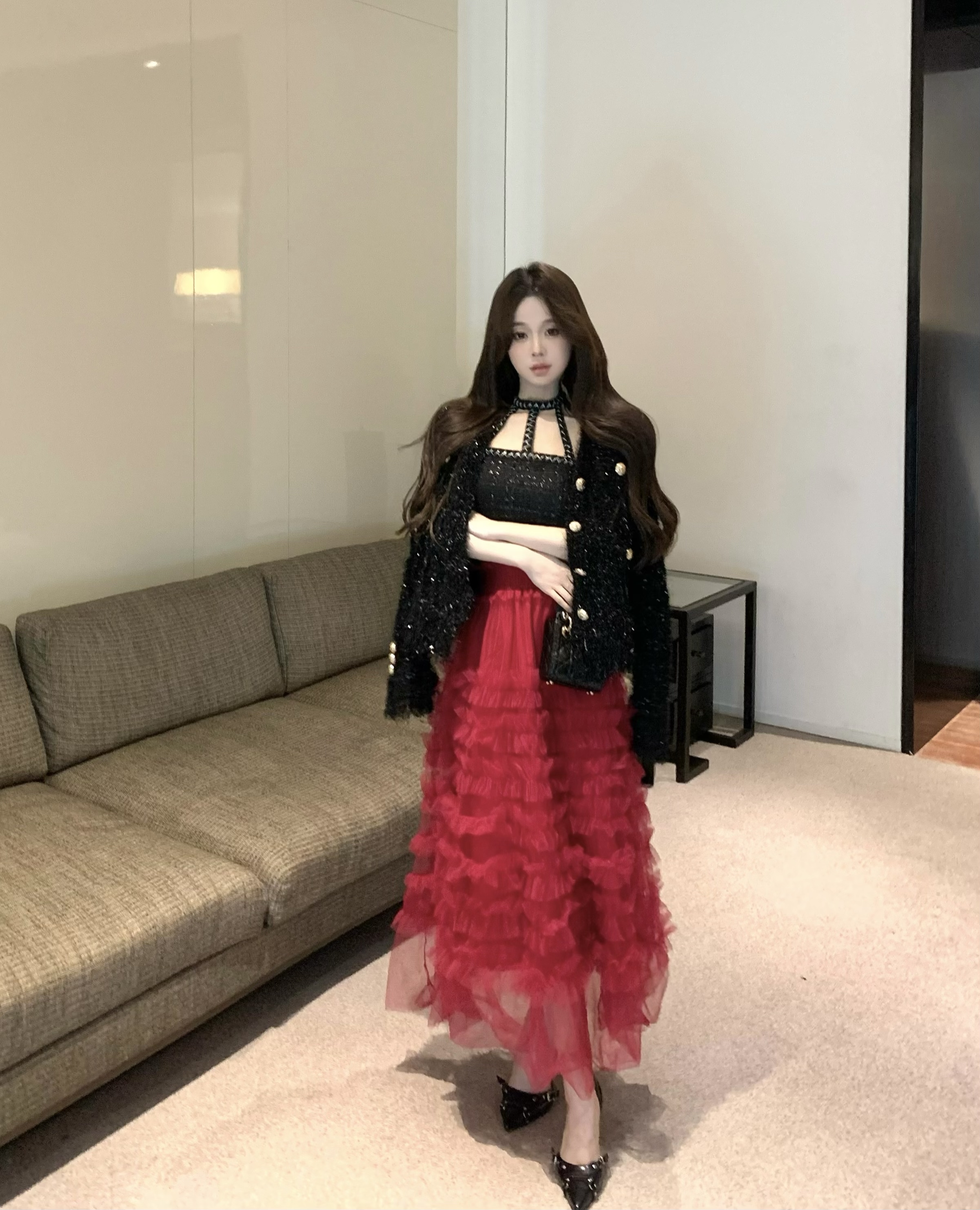 宮廷風名媛流蘇金扣外套女+高幹文女主大紅裙蛋糕網紗半裙套裝