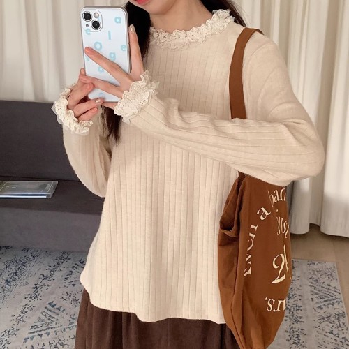 hollyi Korean style versatile solid color lace knitted thickened bottoming shirt inner top for women autumn and winter 2023 new style