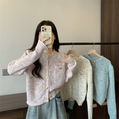 Actual shot~Korean version of Xiaoxiang style short round neck sweater, loose and versatile mixed color sweater for women