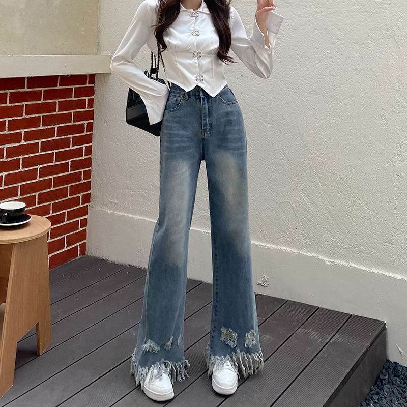實拍~毛邊破洞牛仔褲女高街復古寬鬆直筒高腰垂感闊腿褲子