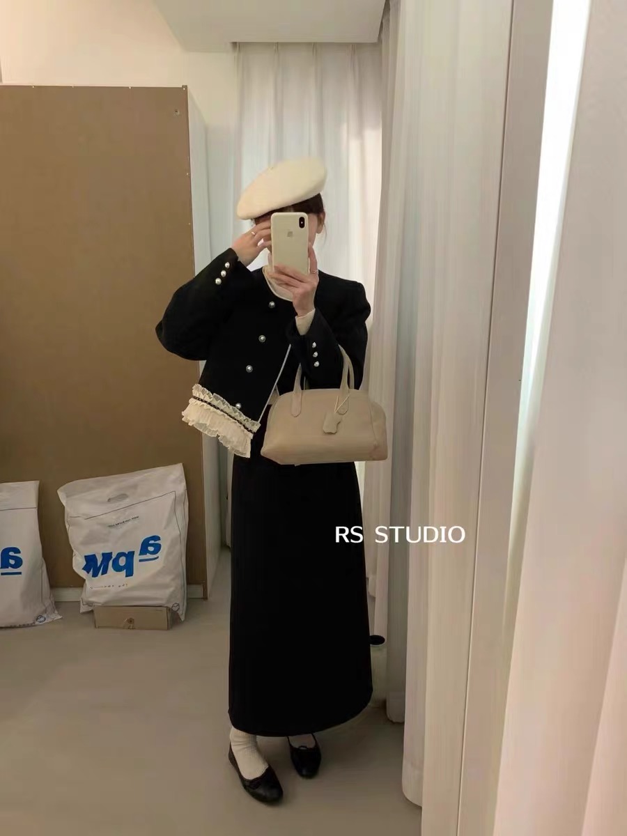 RS羽絨小香風套裝裙女冬季新款花邊顯瘦外套+毛呢半身裙兩件套