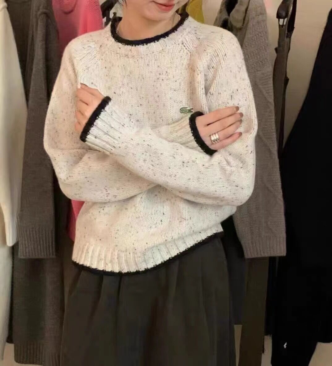 撞色圓領套頭軟糯點點花紗毛衣女秋冬寬鬆慵懶風針織衫內搭打底衫