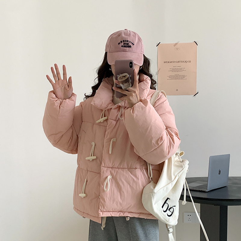 Down jacket women's short 2023 Korean style new loose horn button cotton jacket thickened cotton jacket