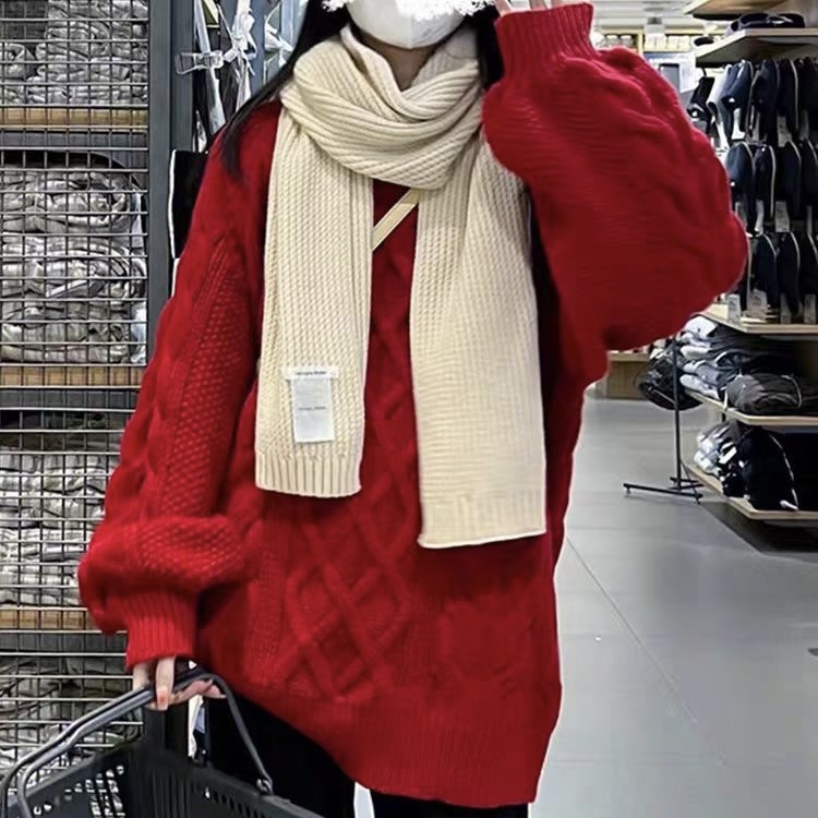 慵懶風純色長袖毛衣新款女2023年百搭減齡軟糯寬鬆圓領套頭針織衫