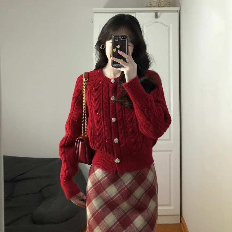 綿羊絨質量 2023秋冬聖誕節戰袍小香風毛衣外套女
