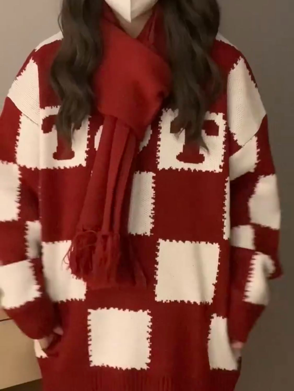 204#甜美軟糯復古紅色棋盤格毛衣女韓版針織衫上衣