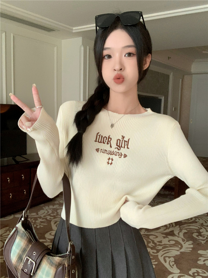 實拍 復古辣妹高腰露臍短款針織上衣女修身打底衫內搭長袖t恤