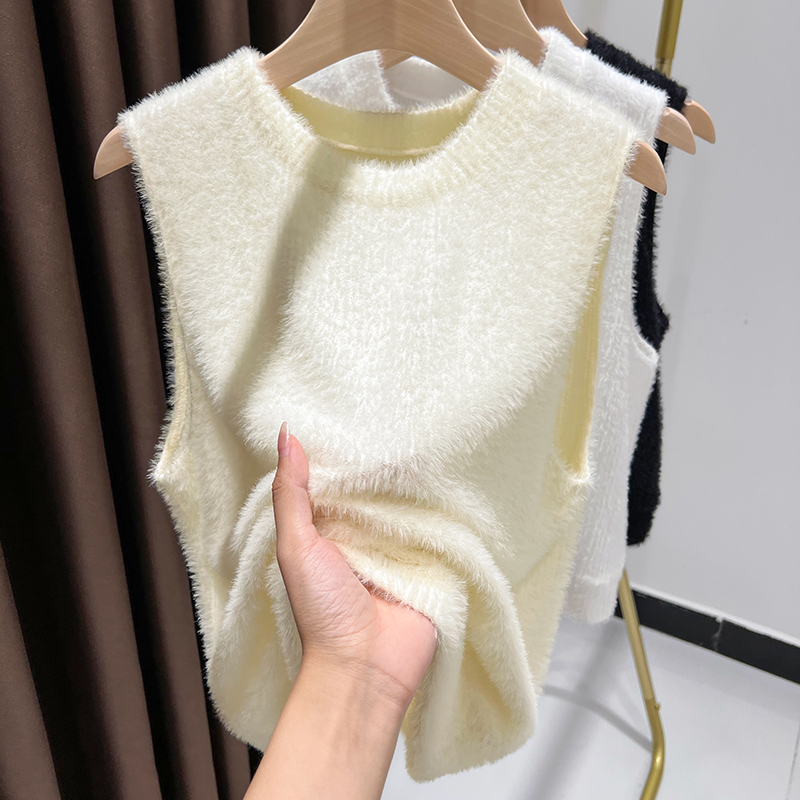 水貂絨馬甲背心女秋冬無袖小圓領套頭疊穿寬鬆針織馬夾上衣外穿