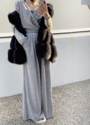韩国chic新款设计感不规则上衣+直筒抽绳阔腿裤套装