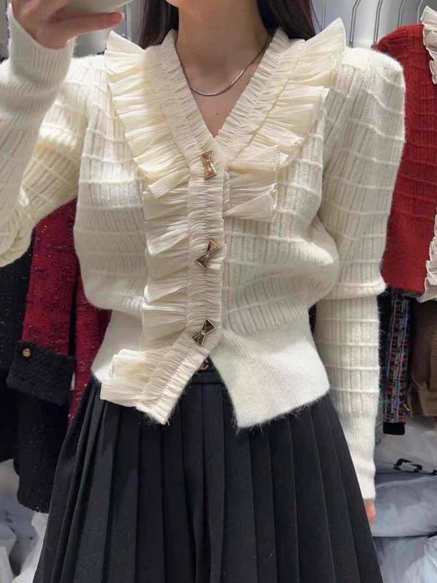 韓版V領花邊高級感針織上衣女秋冬新款蕾絲拼接荷葉邊長袖打底衫