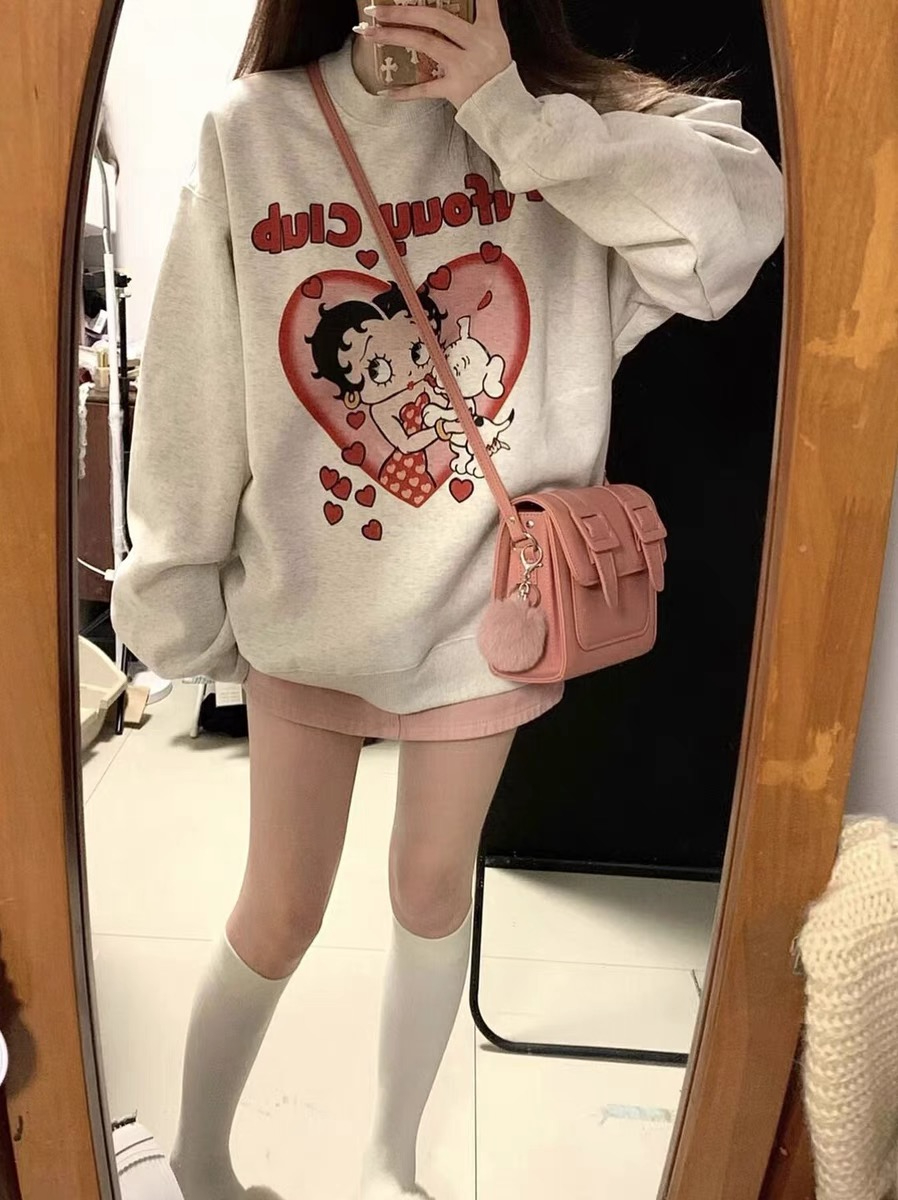 250克大衛衣甜美卡通印花chci加絨慵懶風衛衣少女感上衣