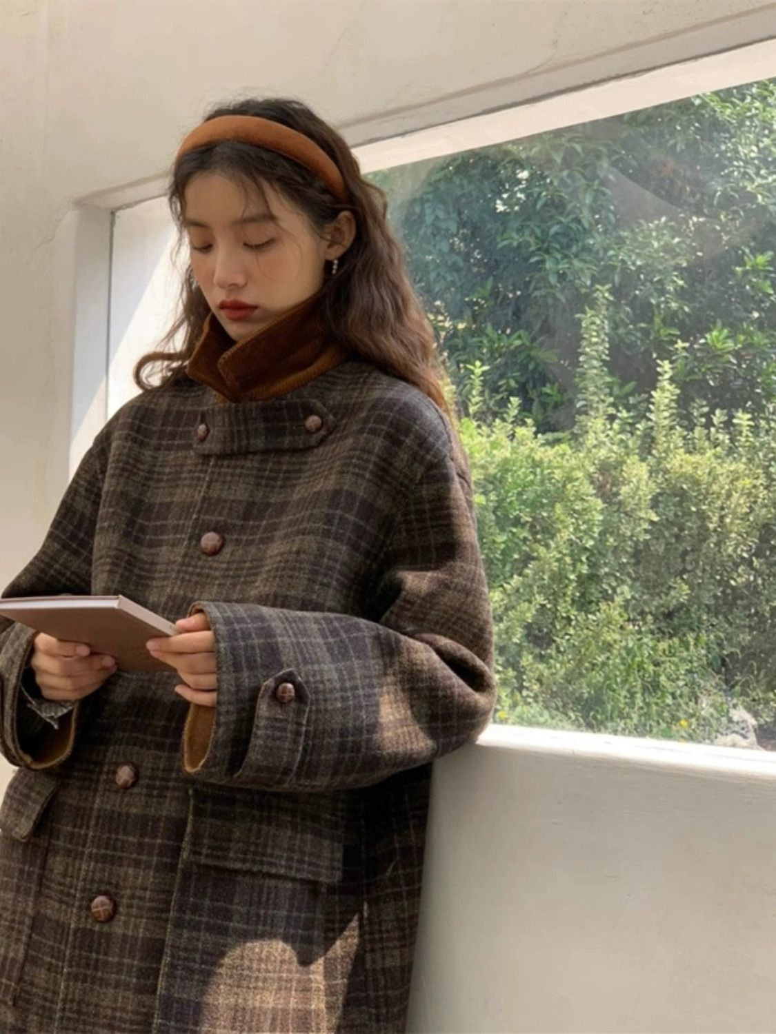 Long tartan coat women's woolen coat autumn and winter Korean style small high-end sense Hepburn style British style