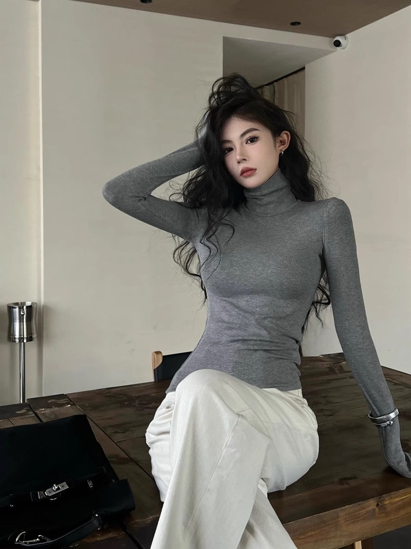 高彈德絨~高領長袖T恤女秋冬新款緊身內搭打底衫磨毛保暖上衣